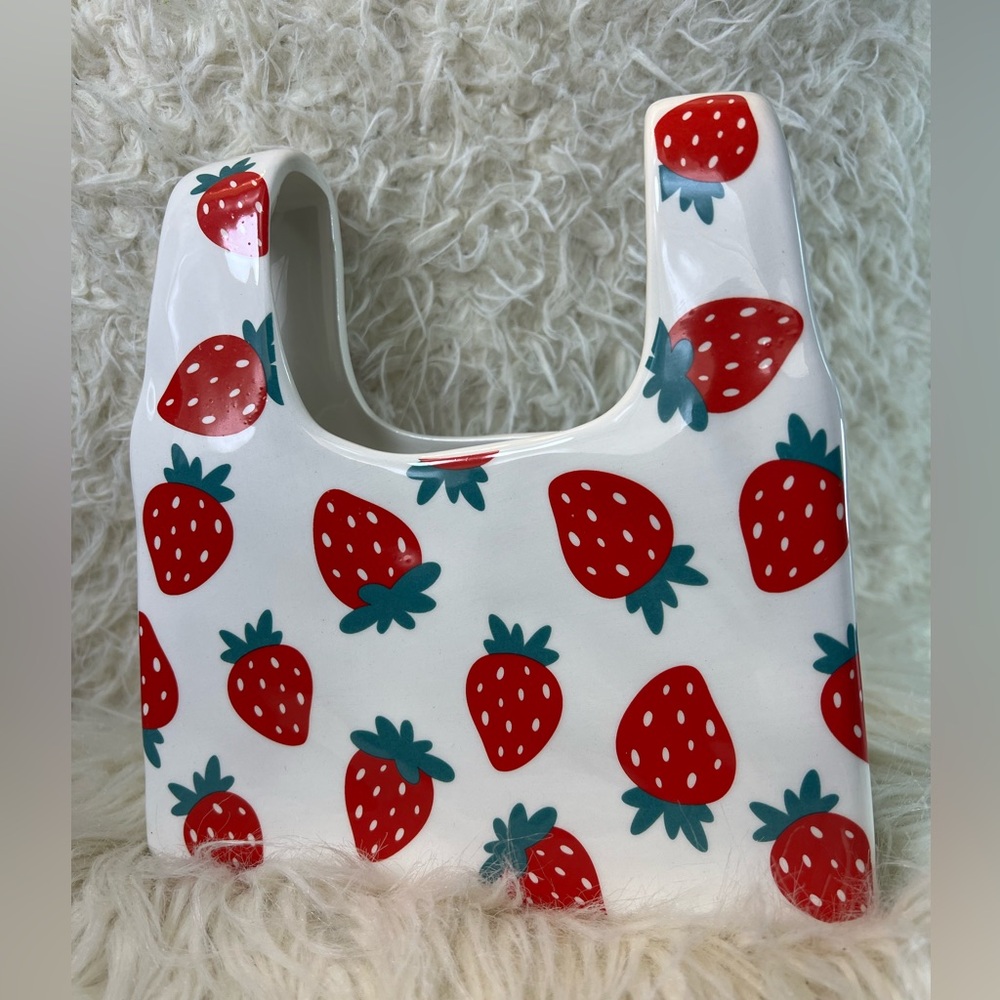 White Ceramic Handbag Decor w/Strawberry Detailing Approx:7" W x 7" H x 2.5" D - Picture 1 of 9